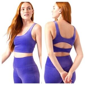 New Athleta Medium Purple Velvet Cut Out Crop Top Stretch Built In Bra Cups D-DD